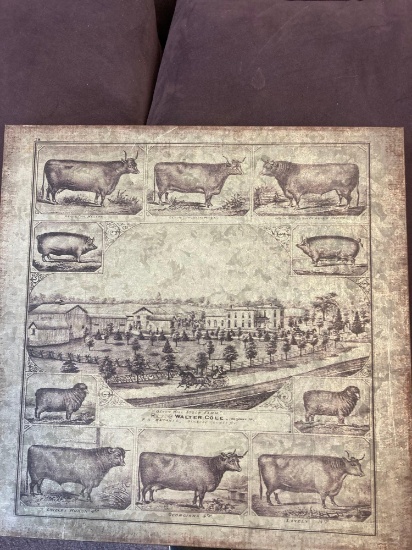 lithograph on metal plate farm with Kyle steer and pigs 16 in....