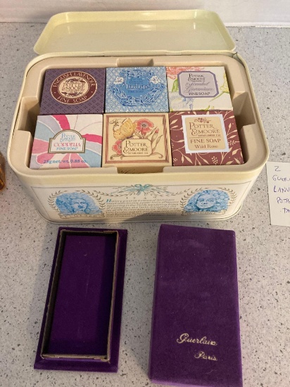 perfume bottles Potter and Moore soaps in tin