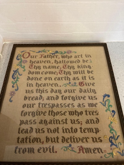 antique needlepoint framed lords prayer 17 1/2 x 15 1/2?
