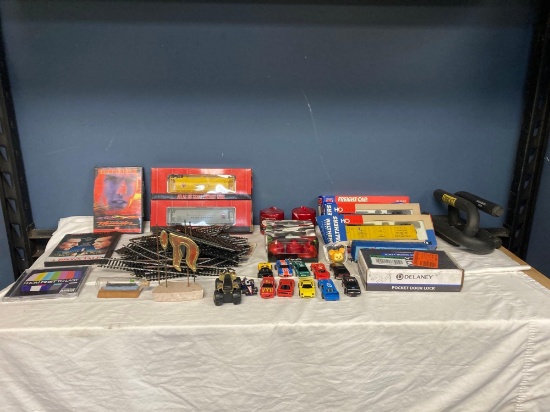 Mixed lot train cars tracks die cast cars candles etc