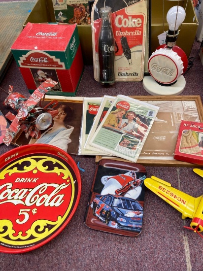 Coke items trays planes lamp cards pictures etc