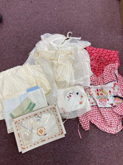 Vintage linens baby clothing aprons tablecloths etc