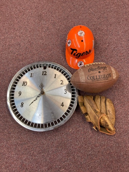 Hubcap clock football baseball mitt and batting hat