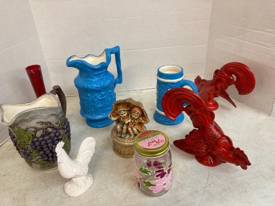 plaster roosters pitchers etc.