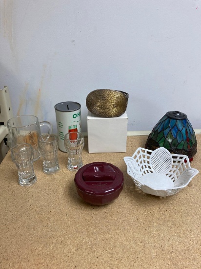 Mixed lot glasses bank belt shaving bowl