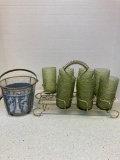 Vintage glass set in carrier and ice bucket