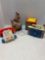 Four vintage toys Mattel Bugs Bunny music box Fisher Price chicken clock and radio