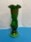 Antique Victorian Green Glass Vase Hand Holding Horn Gold Paint Ruffled Edge