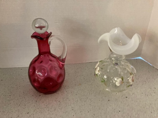 Fenton cranberry coin dot cruet handpainted vase
