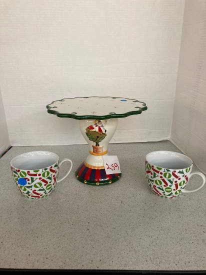 Crate and Barrel Christmas mugs and a cake stand