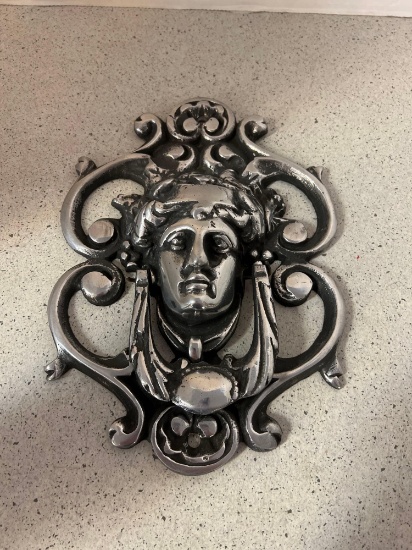 Metal door knocker Greek Goddess head 10.75 inches