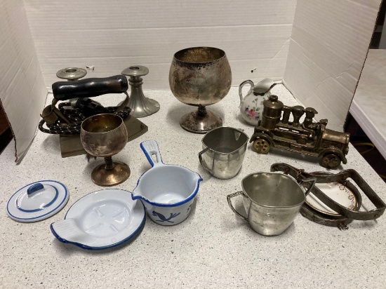 vintage travel iron silver plate items porcelain over cast-iron items