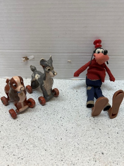 3 Vintage Disney toys by Marx bendable Goofy Lady and the Tramp on wheels