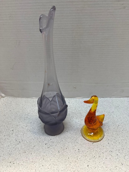 Viking purple frosted swing vase 12 inches tall and Viking duck