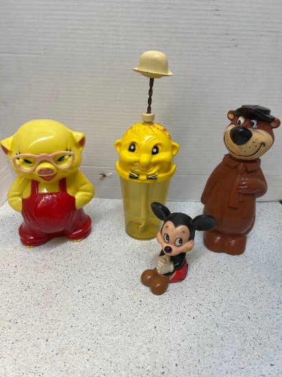 2 vintage banks Knickerbocker Piggy with glasses and Yogi Bear Mr Mixt drink mixer and Mickey Mouse
