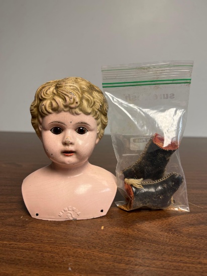 minerva metal doll head with glass eyes made in Germany 6 3/4 inches plus doll boots