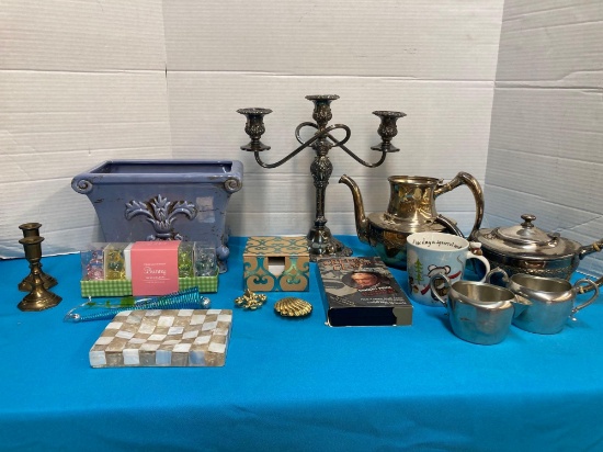 Silver and brass candleholders other decor