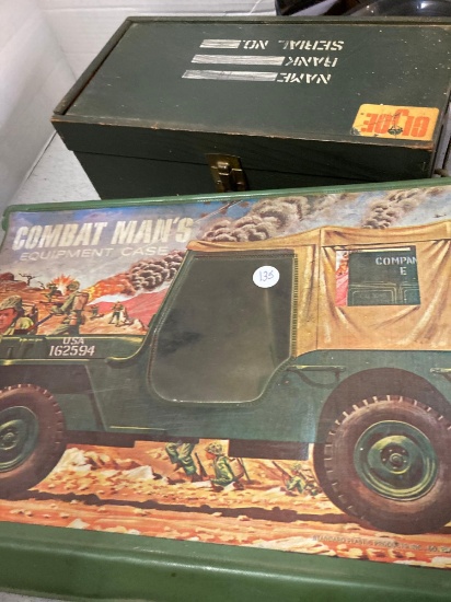combat man?s equipment case empty woodbox G.I. Joe label with dolls
