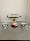 Crate and Barrel Christmas mugs and a cake stand