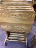 Oak snack trays in rolling cart