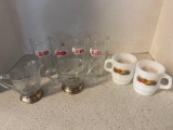 4 vintage PepsiCola glasses sterling base cream and sugar and 2 fire king mugs