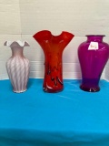 Pink Fenton vase and two glass vases