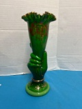 Antique Victorian Green Glass Vase Hand Holding Horn Gold Paint Ruffled Edge