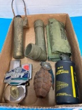 Military items grenades buckles etc