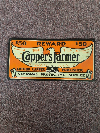 Cappers Farmer reward tin sign