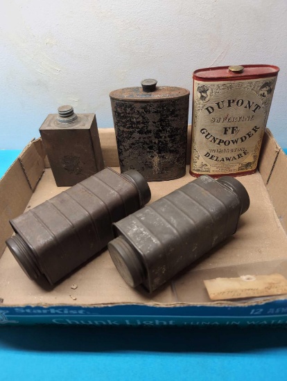 5 antique tins gunpowder etc