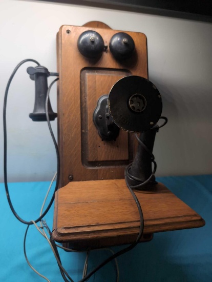 Antique oak wall phone newer phone inside