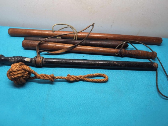 4 antique billy clubs and monkey fist club