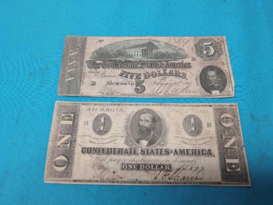 2 Confederate bills one and five dollar