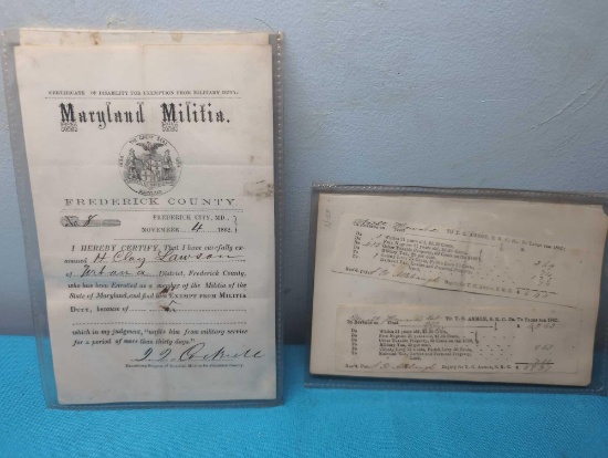 1862 Maryland Militia Tax receipts Gen orders