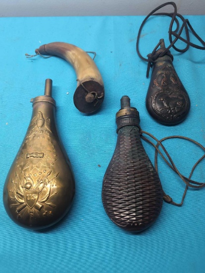 3 brass gun powder flasks 1 horn flask