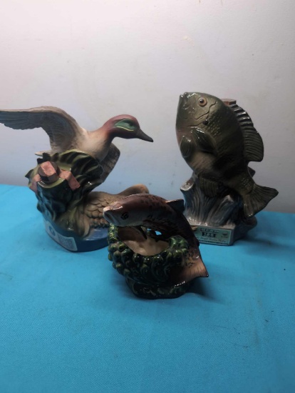 Jim Beam bottles ducks and fish and planter