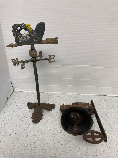 Cast iron weather vane and antique car cast iron dinner bell