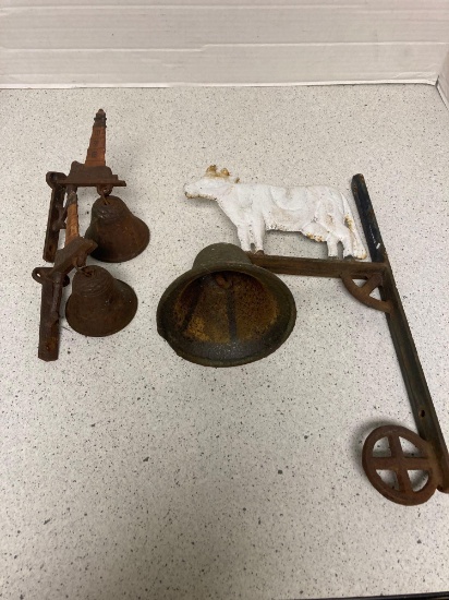 Cow cast iron dinner bell no clanger and two small lighthouse bells
