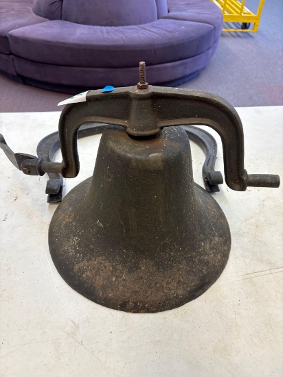 cast iron bell with holder 14 inch bottom diameter 9 inches tall