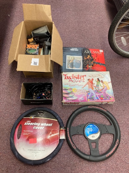 Mixed lot toys steering wheel covers books etc