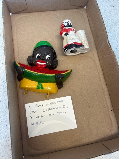 2 black Americana items boy holding a watermelon pot holder and mammy toothpick