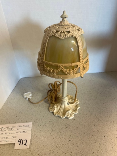 Antique slag glass Miller Lamp Company paneled helmet lamp