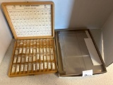wood box of 44 small bottles, plastic photograph holders