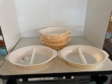 Fire King peach luster 3 pie plates one new old stock two divided casserole