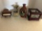 antique mini paino and juke box, bottle, and glass carousel box