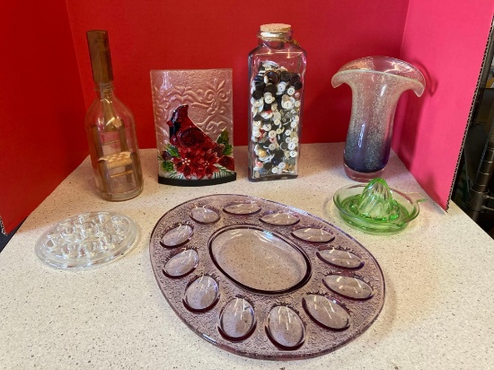 Purple glass egg plate green depression juicer glass frog buttons