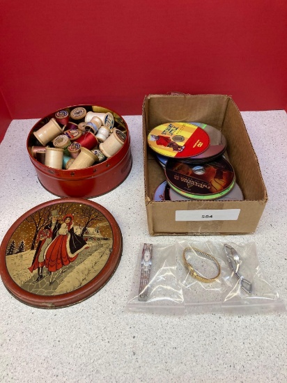 Tin of thread 3 vintages watches and DVDS