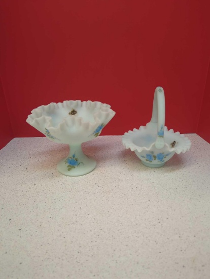 Fenton blue satin with Blue roses Hand painted and signed compote and basket