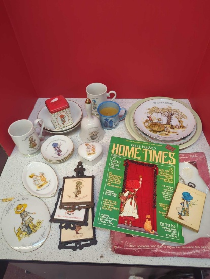 Vintage Holly Hobbie-- plates, mugs, trinket dish, magazine 1st issue, trivets, wall decor