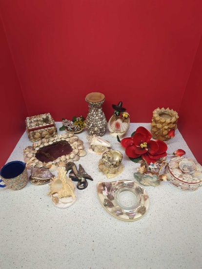 Vintage Shell decor-- trinket box, mirror, ashtray, vase, shell art